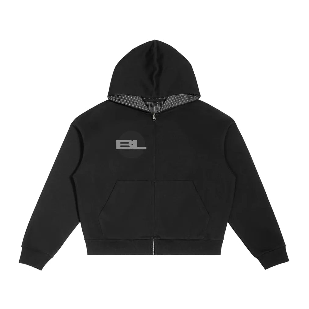 BLUEPRINT CONTRAST PLAID BOXY ZIP-UP HOODIE BLACK