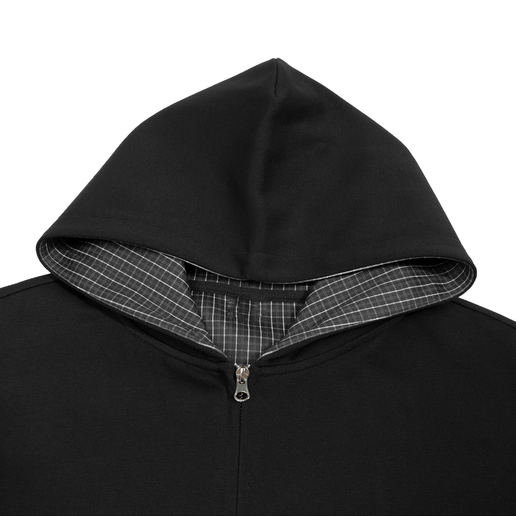 BLUEPRINT CONTRAST PLAID BOXY ZIP-UP HOODIE BLACK